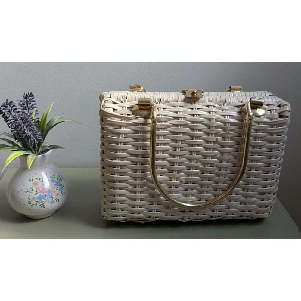 Vintage 1960s White Vinyl Wicker Handbag Gold Handles Hong Kong Purse